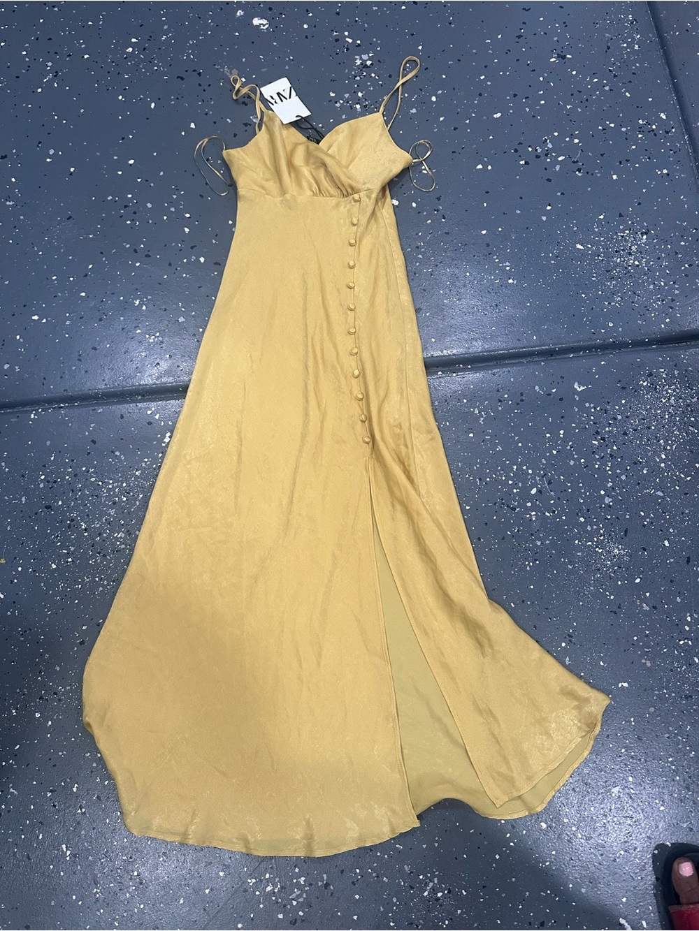 Zara Mustard Yellow Satin Maxi Slip Dress with Button Detail